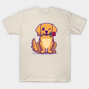 Cute Dog With Rose Flower Cartoon T-Shirt